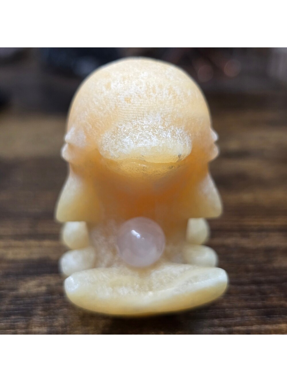 A042. Calcite Dolphin Natural Crystal Carving Figure w/Rose Quartz Ball 2"